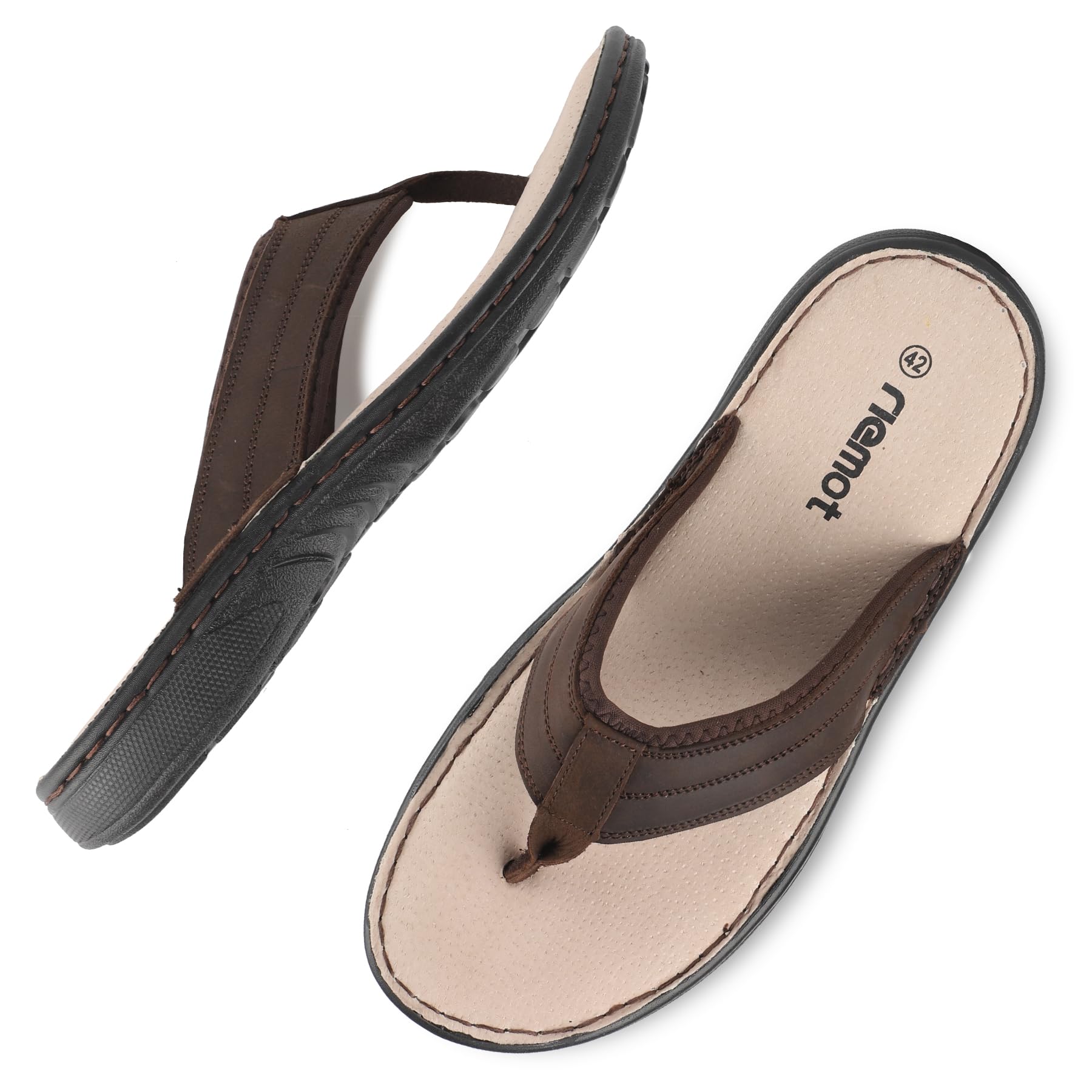 riemot Chanclas Hombre de Piel Auténtica con Plantilla Memory Foam,Comodas y Suaves Cuero Hombre Flip Flops,Sandalias Antideslizantes para Playa, Piscina y Verano