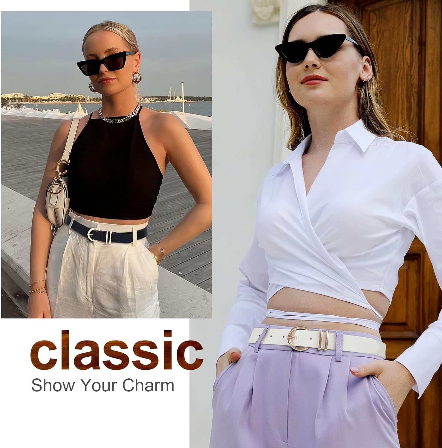 VONMELLI 2 Pack Women's Leather Belts for Jeans Dresses Fashion Gold Buckle Ladies Belt - Image 3