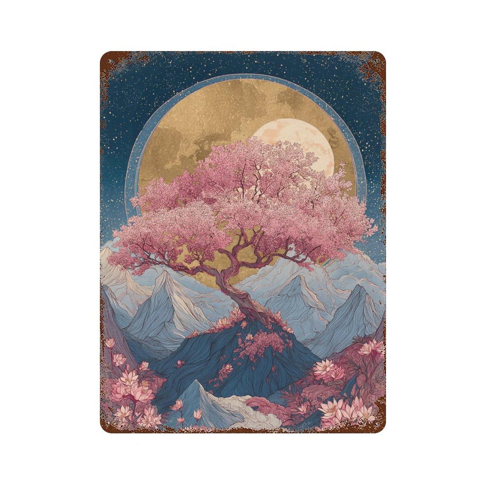 Rust Effect Cherry Blossom Moon Landscape Vintage Rust Metal Sign 15.7"x11.8", Rustic Home Decor for Farmhouse, Kitchen And Entryway Decor