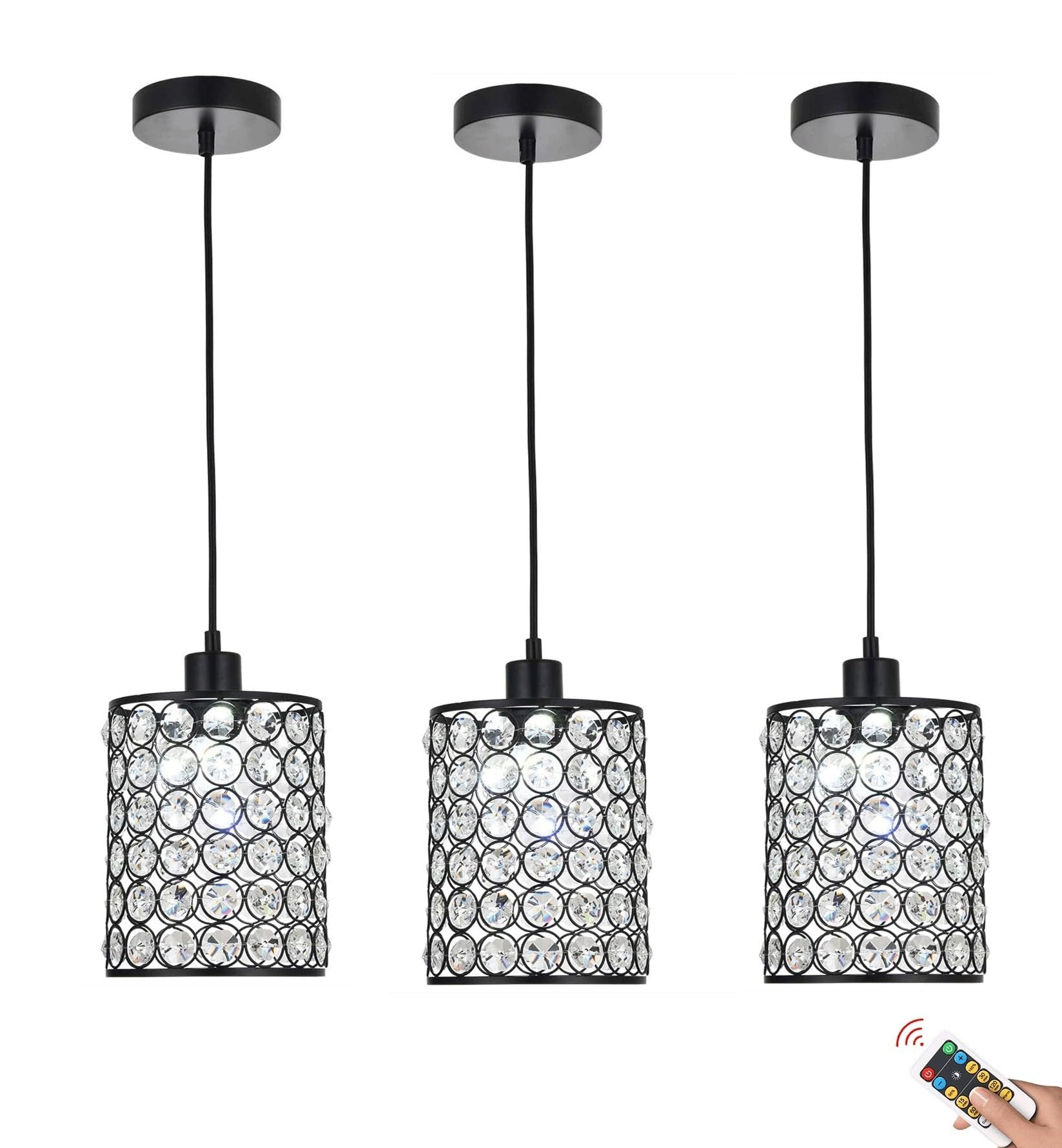 LYMSXAZOU Wireless Crystal Chandelier Pendant Light with Remote Control Rechargeable Battery Operated Cordless Ceiling Hanging Lamp for Kitchen Island and Dining Table Not Hardwired.