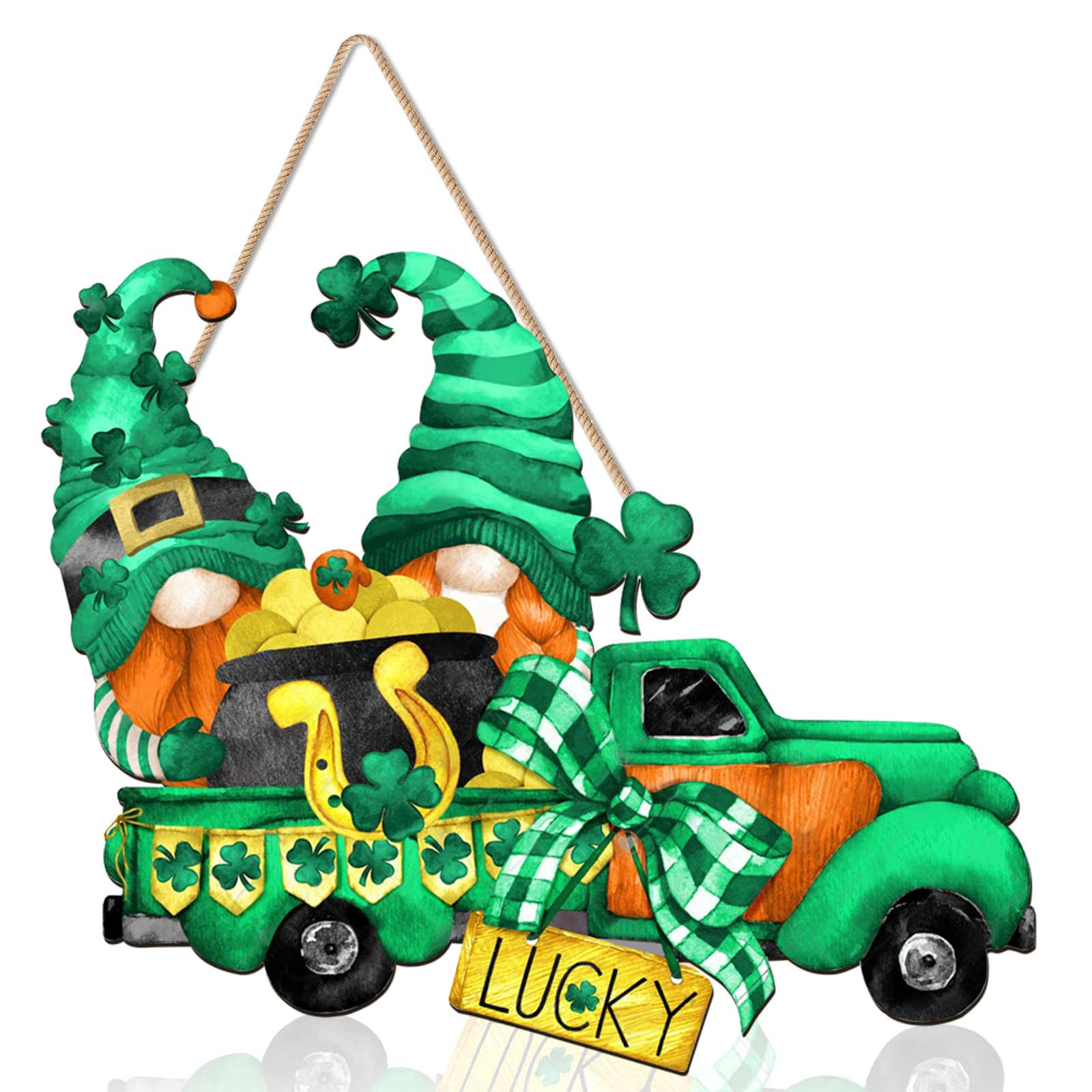 St Patrick's Day Front Door Sign Shamrocks Truck Wooden Sign Welcome Board Spring Home Wall Gnome Green Lucky Shamrock Truck Decoration,12 x 9.8 Inch (St Patrick's)