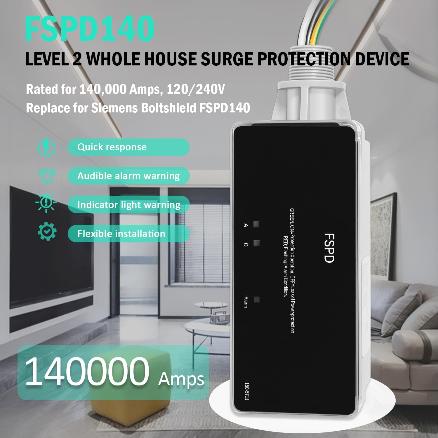 USSKYBOY FSPD140 surge protector installed outdoors, showing its LED indicators and wiring connections. Text details 120/240V, 3-Wire application, 200kA SCCR, 20kA I-nominal, and all modes of protection.