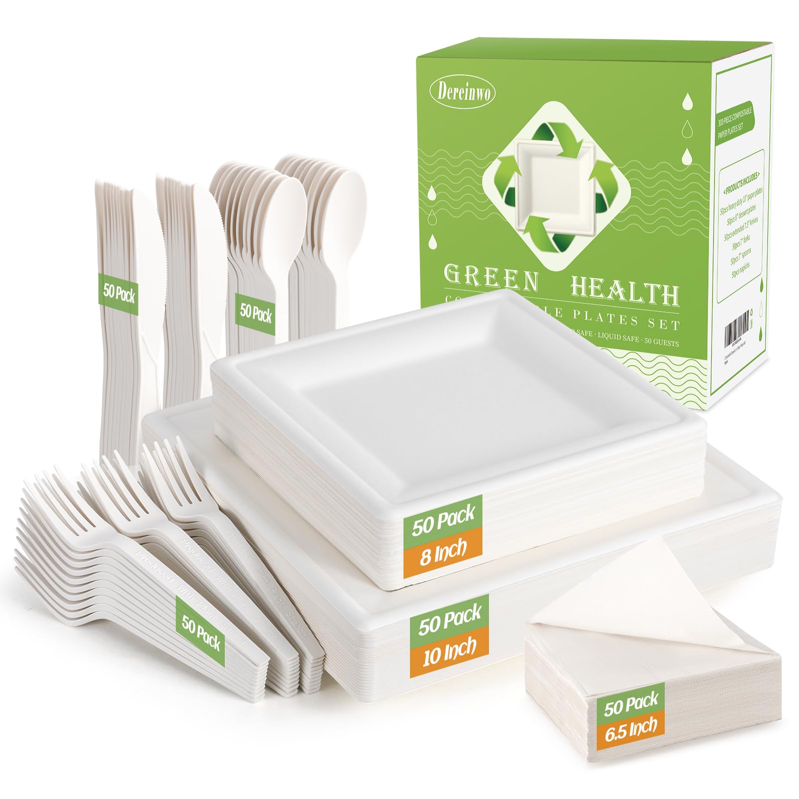 Compostable Disposable Paper Plates Set -[300 Pcs]10 inch 8 inch Heavy Duty Biodegradable Square Plates and Spoons,Forks,Knives,Napkins-Eco-Friendly Party Bulk