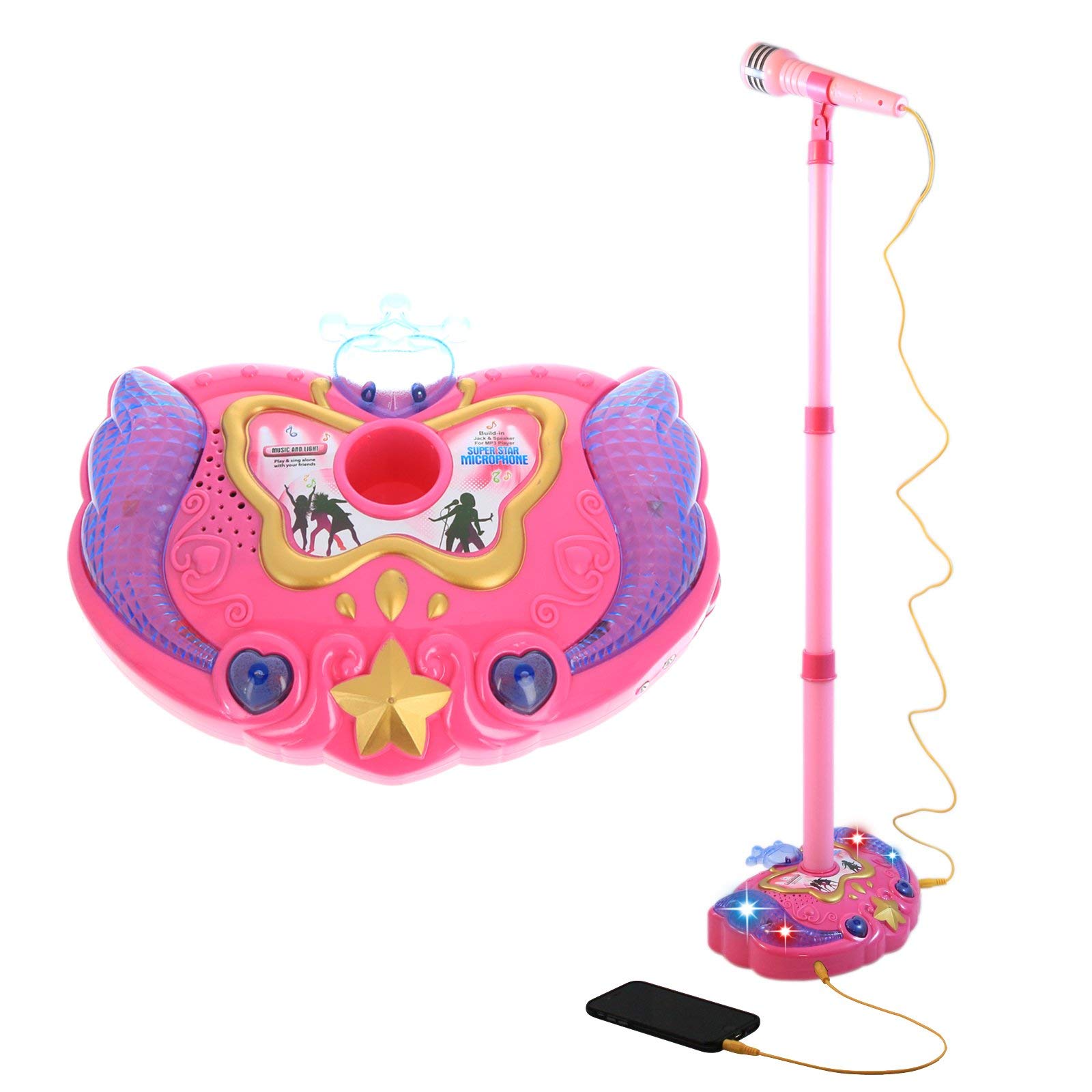Micrófono Y Soporte De Karaoke Para Niños – Juguete Musical Con Altura Ajustable Y Luces, Conecta Al Móvil, Regalo Para Fiestas Y Cumpleaños