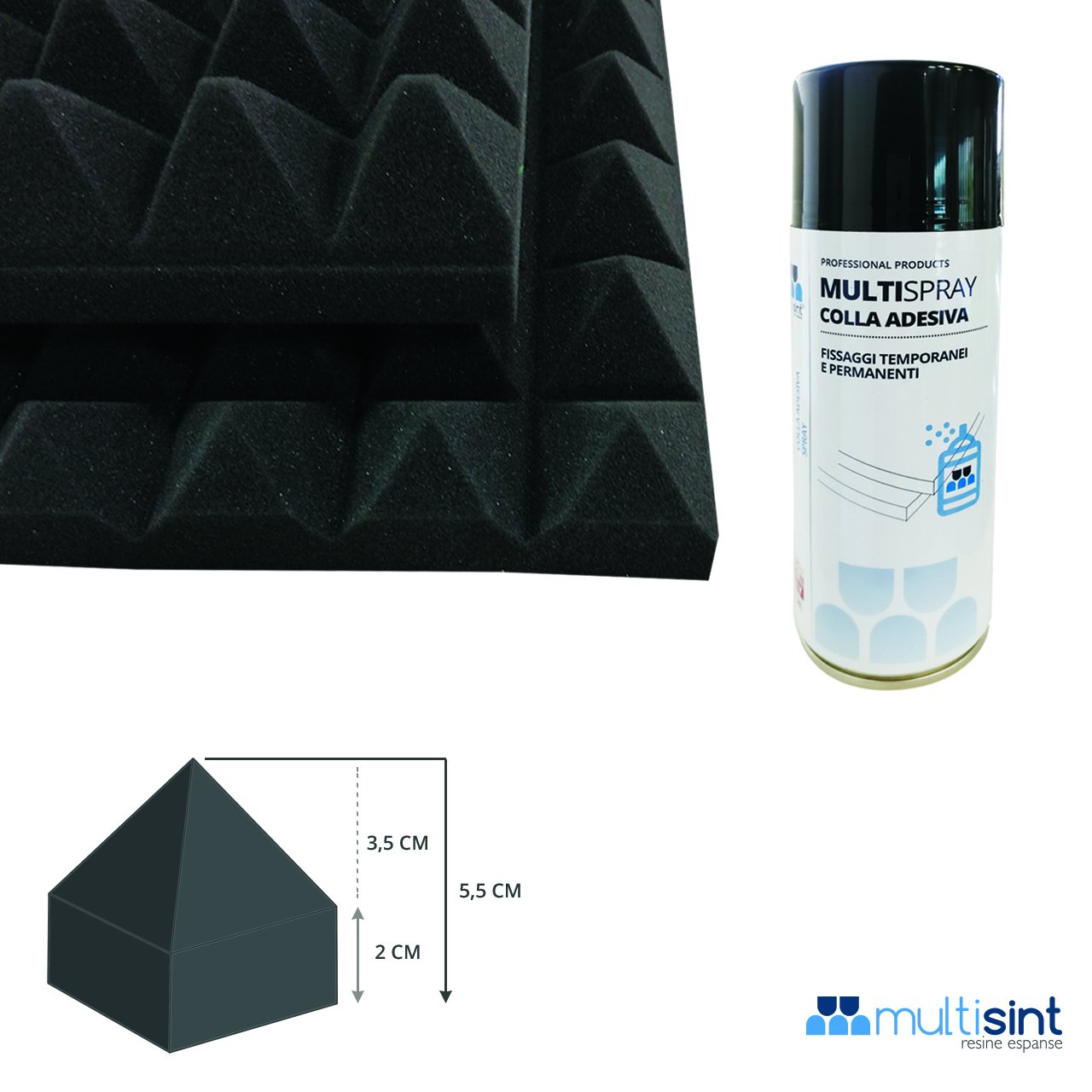 Pannelli Fonoassorbenti Piramidali Ignifughi Certificati Classe 1IM – 50 x 50 x 5,5 (2+3,5)cm Densità 30 + Colla MultiSpray (Confezione 12 Pannelli + 1 Bomboletta) – Multisint Produzione 100% Italiana