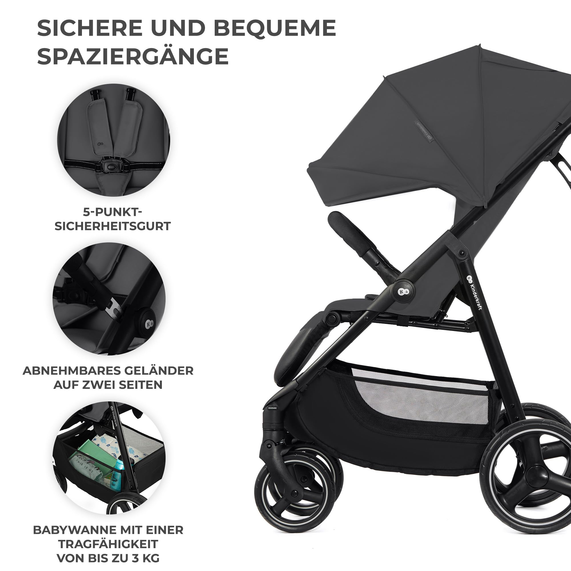 Kinderkraft TRIG 3 Kinderwagen, Liegewagen, Sportwagen, bis 25 kg, Grau