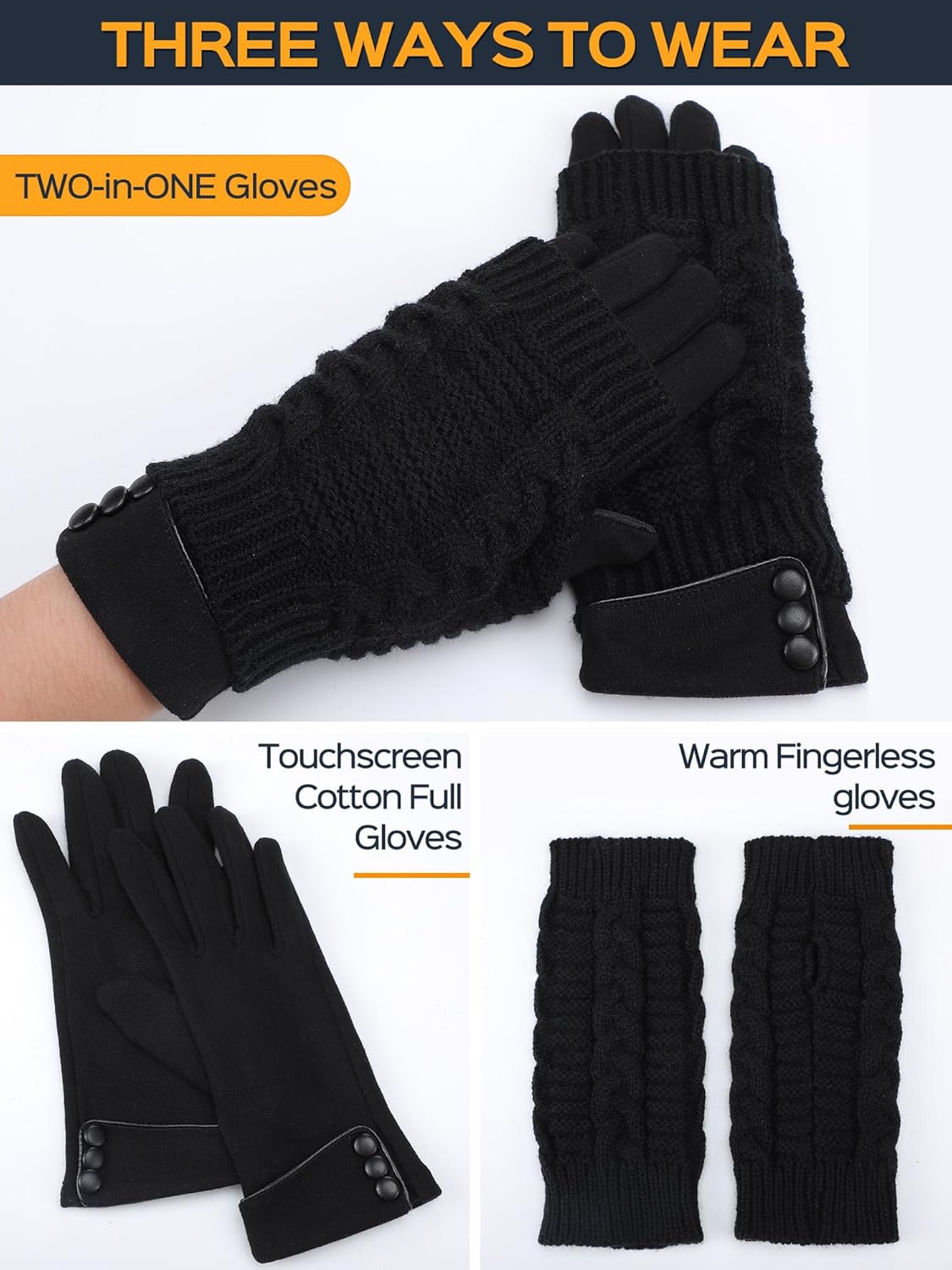 Janmercy 6 Pair 2in1 Winter Gloves for Women 3 Fingerless Gloves 3 Touchscreen Glove Warm Fleece Mitten for Cold Weather - Image 4