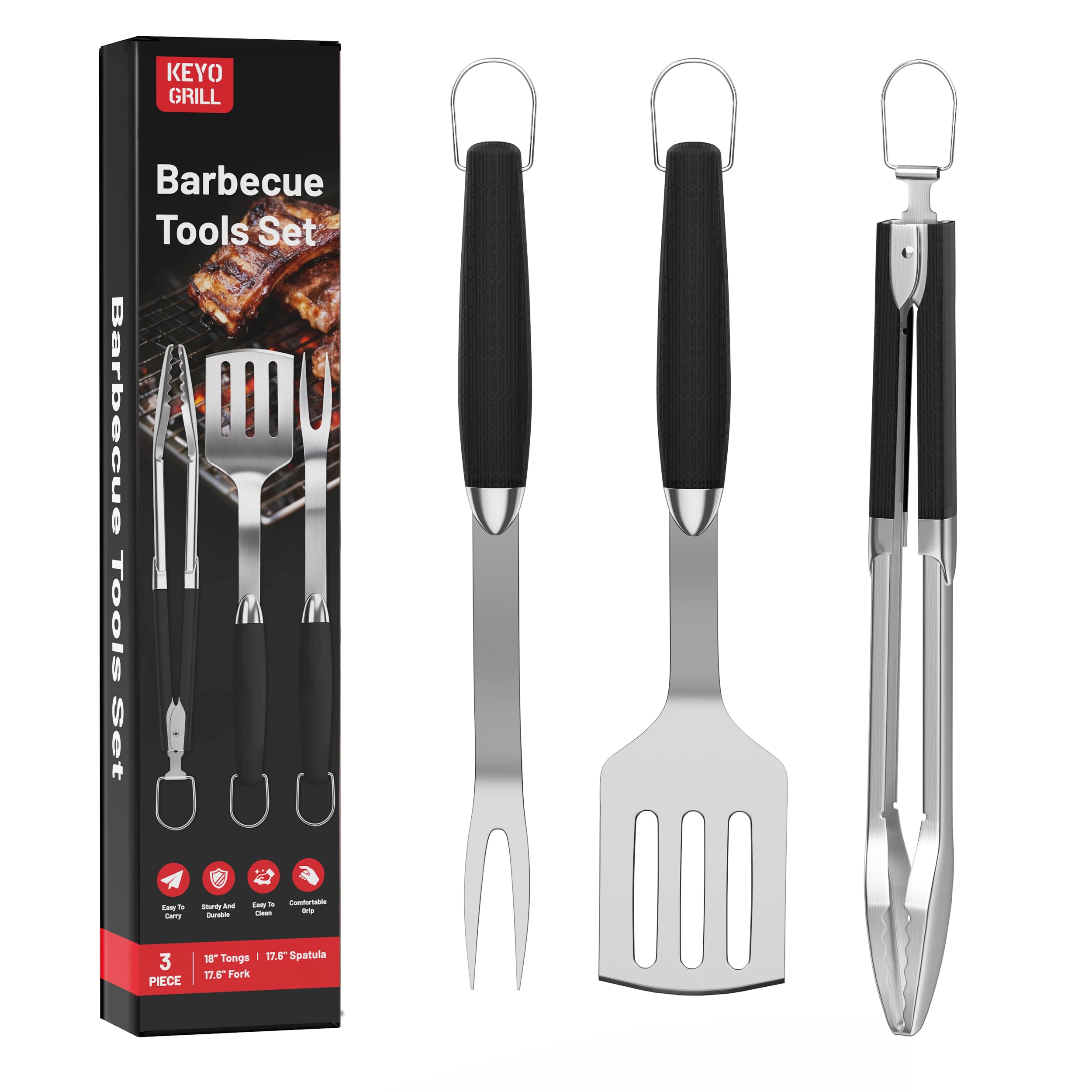 KEYO Compact BBQ Tool Sets, 3-Piece Made of Stainless Steel, Consisting of Grill Tongs, Turner, and Fork, with Insulated Handles, Dishwasher Safe, Surprise Gifts for Men