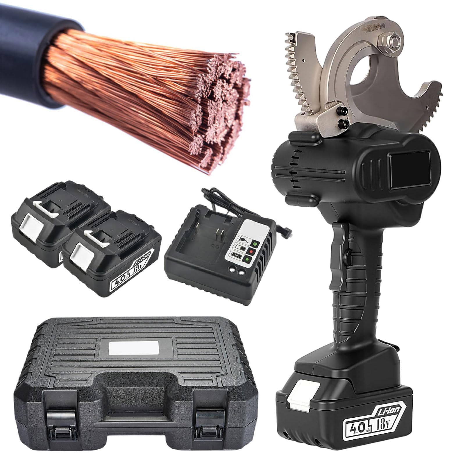 Elektryczny przecinak do kabli z grzechotką, bezprzewodowe narzędzie hydrauliczne 18 V do cięcia miedzianych kabli aluminiowych i ACSR, maksymalny zakres cięcia: 1440 mm² 65 m