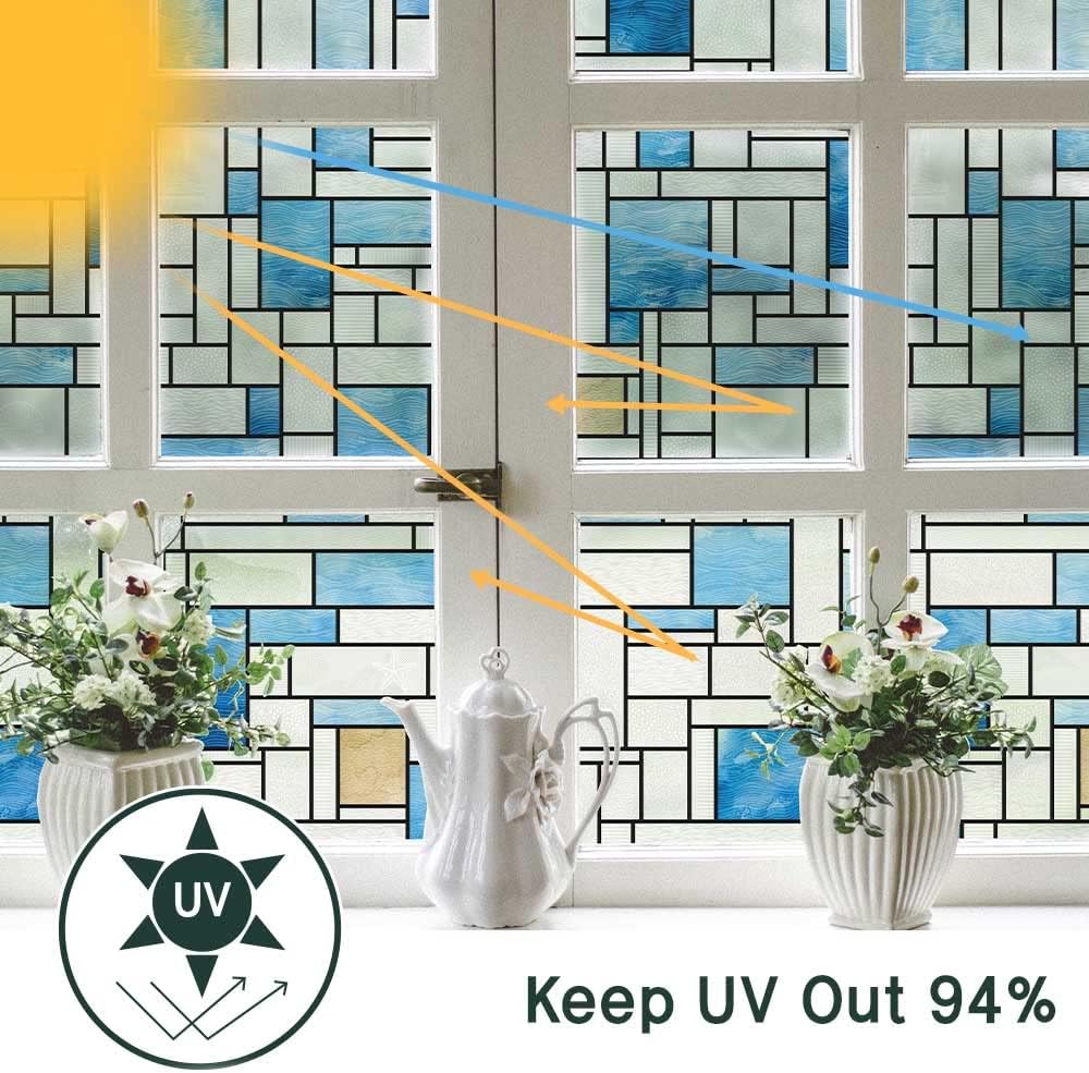 UNI Window Film Static Clings Non Adhesive 3D Stained Glass Window Decals UV Protection (Blue Beach, 37.4 x 24.4 Inch)