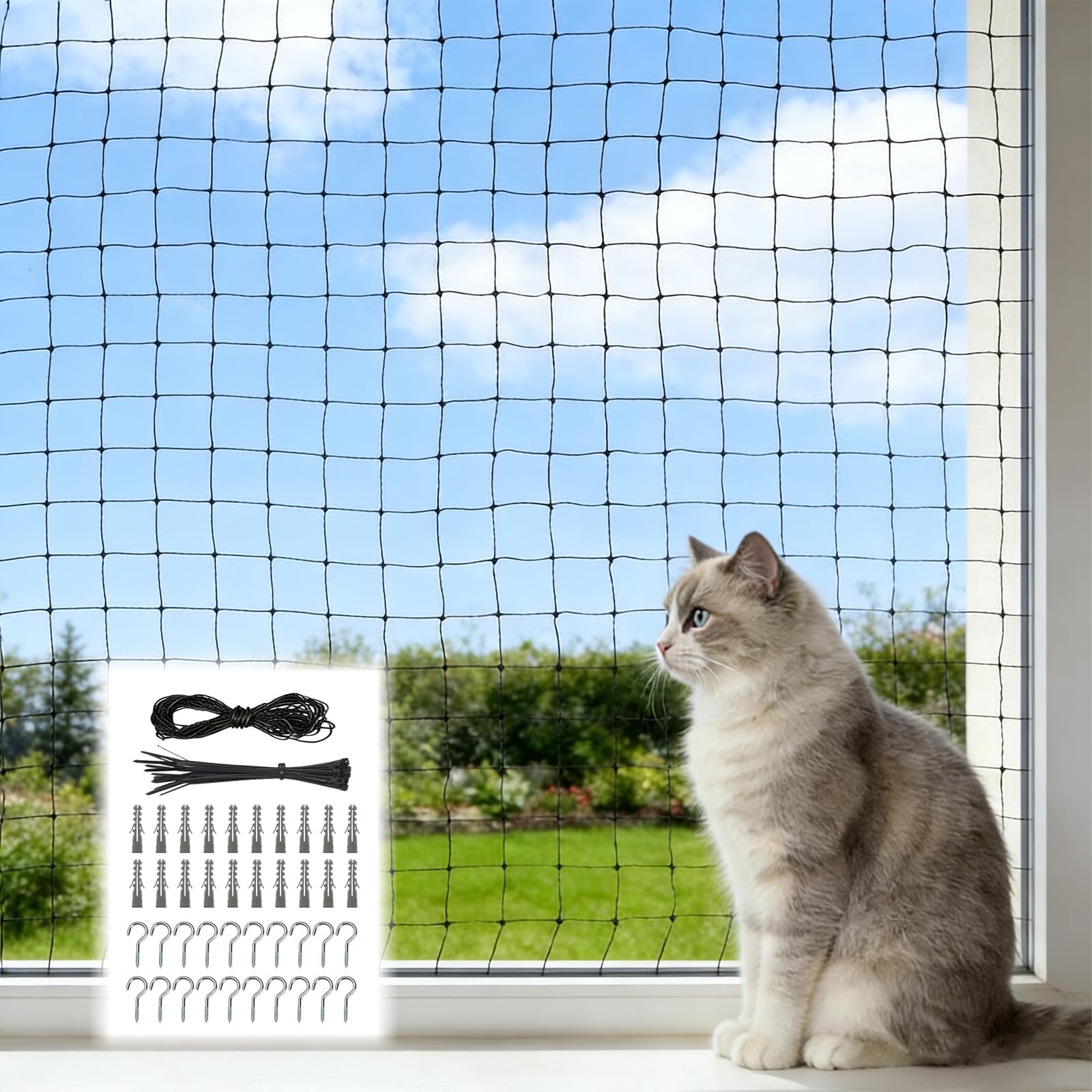 Katzennetz für Balkon, 3x4m Nylon Balkonnetz für Katzen Katzenschutznetz mit Befestigungsseil Nägel Kabelbinder für Fenster, Terrasse, Balkon (Schwarz)