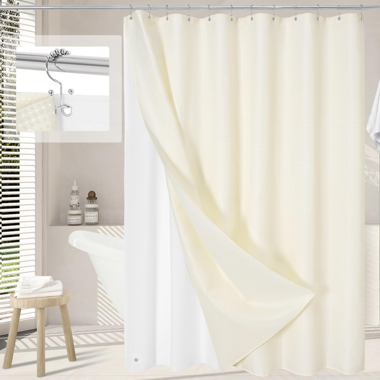 Craidlela 3 in 1 Shower Curtain Set, Cream Waffle Shower Curtain and PEVA Liner Set with 12 Stainless Steel Shower Curtain Hooks, Ivory Waterproof Fabric Shower Curtains for Bathroom, 72 W x 72 H