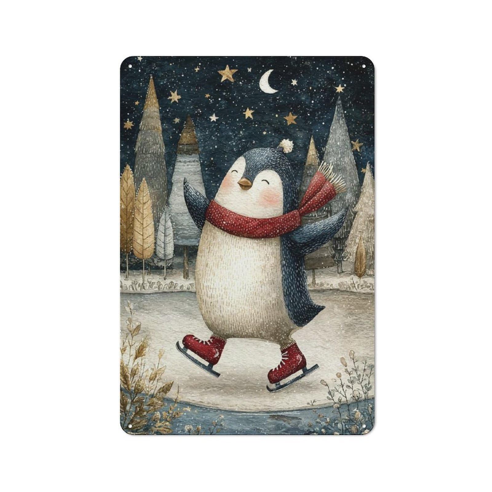 Junmoney Style-20 Tin Wall Plaque 30X20cm With Penguin Ice Skating Winter Scene For Hallway Wall, Suited To Wall Displays In Hallways And Entrance Areas