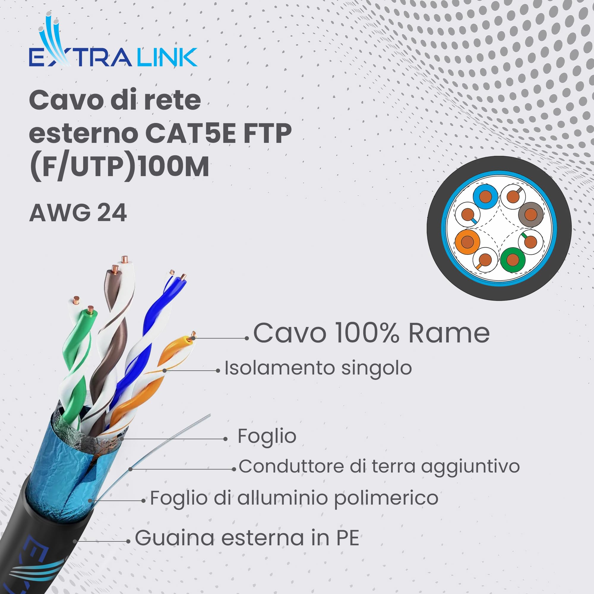 EXTRALINK Cavo Ethernet Esterno 100m CAT5e LAN F/UTP Schermato – 100% Rame Puro, Compatibile PoE, Guaina PE Resistente ai Raggi UV, Impermeabile e Durevole per Esterni