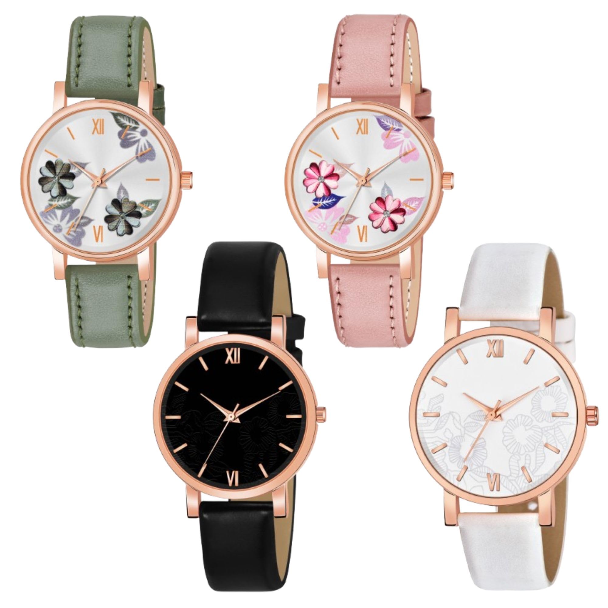 The Shopoholic Green Pink Black White Flower Dial Leather Strap Gifts for Women Formal Girl's and Women's Watch Women's Analog Combo Watch for Women (Pack of 4)