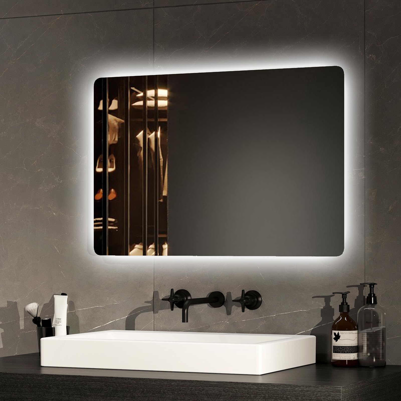 EMKE Specchio bagno con luce 40x60 cm, antiappannamento,memoria | specchio retroilluminato bagno con interruttore a pulsante ,specchio bagno led con luce bianca fredda e calda