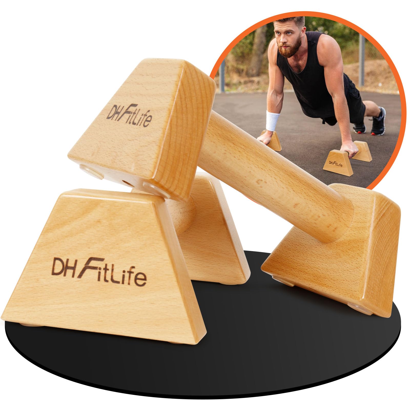 DH FitLife Poignées de Pompes en Bois - 2x Poignées Antidérapantes et Respectueuses des Articulations pour Pompes | Parallettes | Barre parallele| Équipement de Calisthénics pour Entraînement de Force