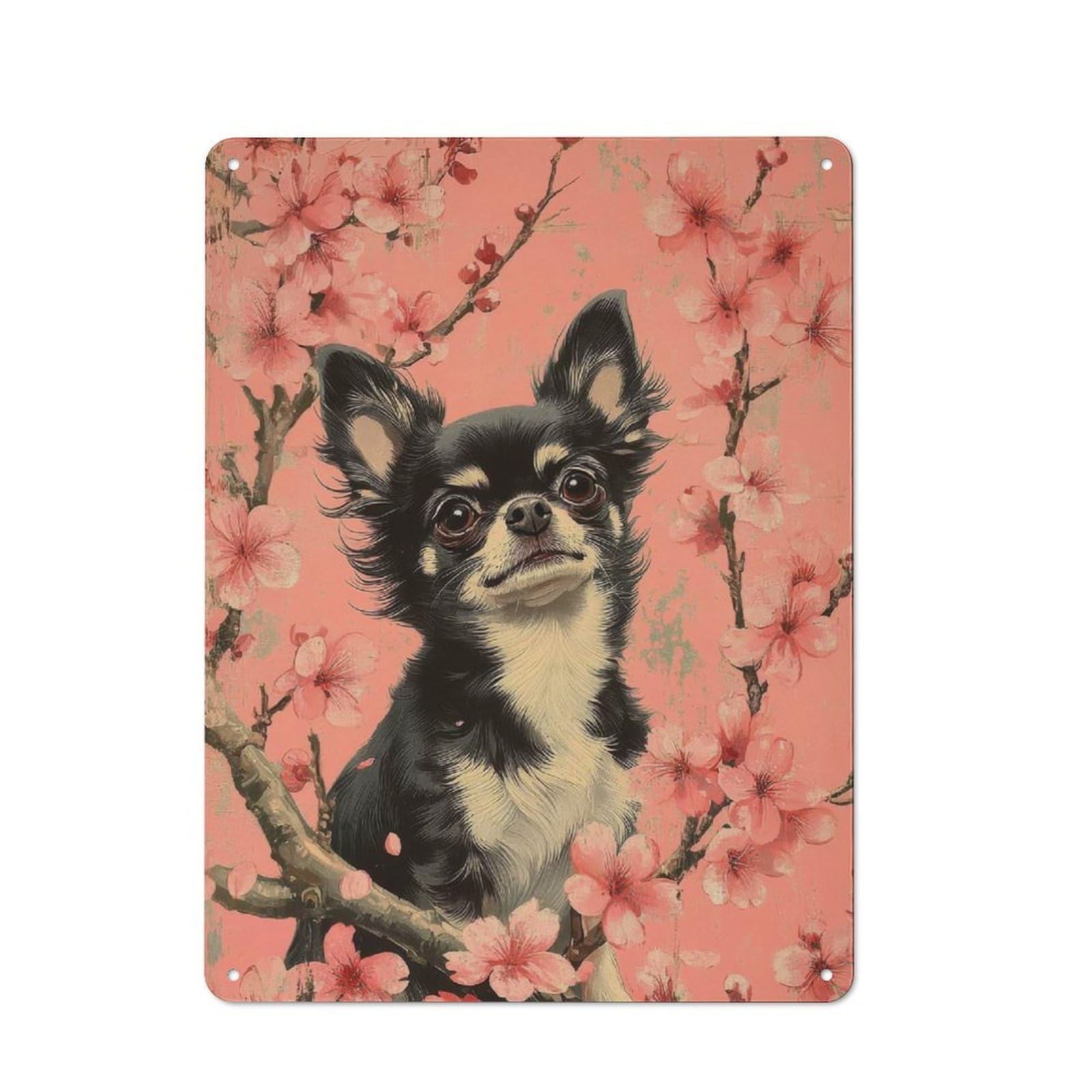 Retro Tin Wall Sign 40x30cm Featuring Chihuahua in Cherry Blossoms Dog And Blossoms Wall Art, Novelty Wall Art for Bedroom, Kitchen, Office Or Living Room
