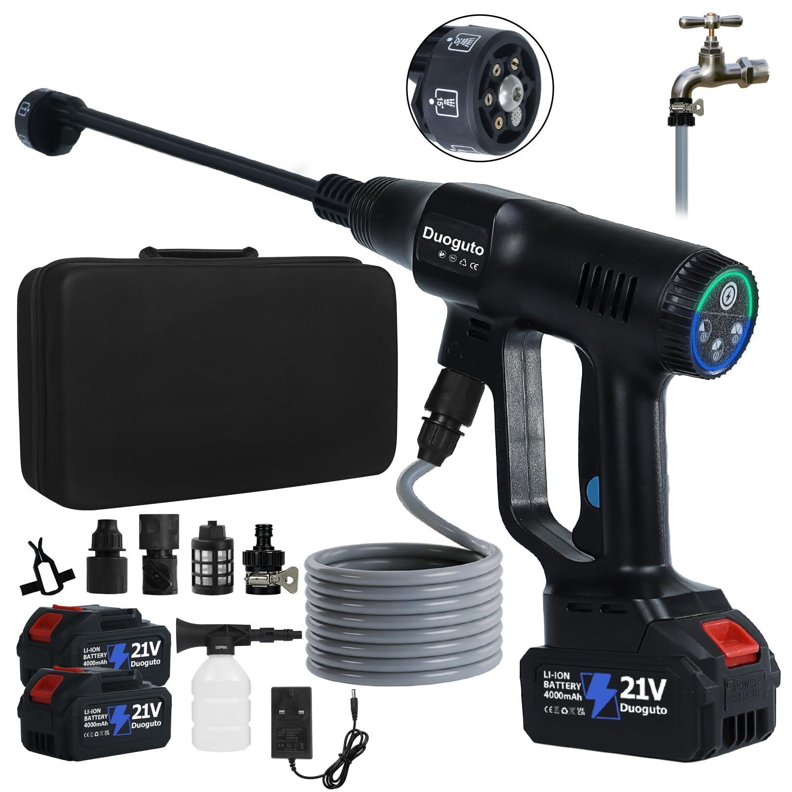 Duoguto Battery Pressure Washer 100Bar Power Washer, 3-Speed Mode Portable Battery Powered Jet Washer with 2 x 4.0Ah Batteries, 6-in-1 and Foam Sprayer, 5 m Hose for Car, Patio, Garden Cleaning