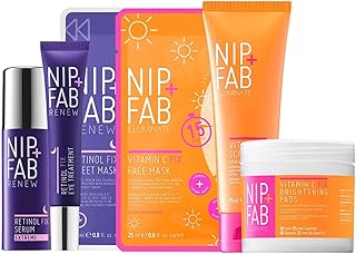 Nip + Fab Renew and Brighten Fix Regime Bundle | Smoother and Radiant Face Skin | Retinol Eye Cream, Sheet Mask, Serum | Vitamin C Concentrate, Scrub, Pads