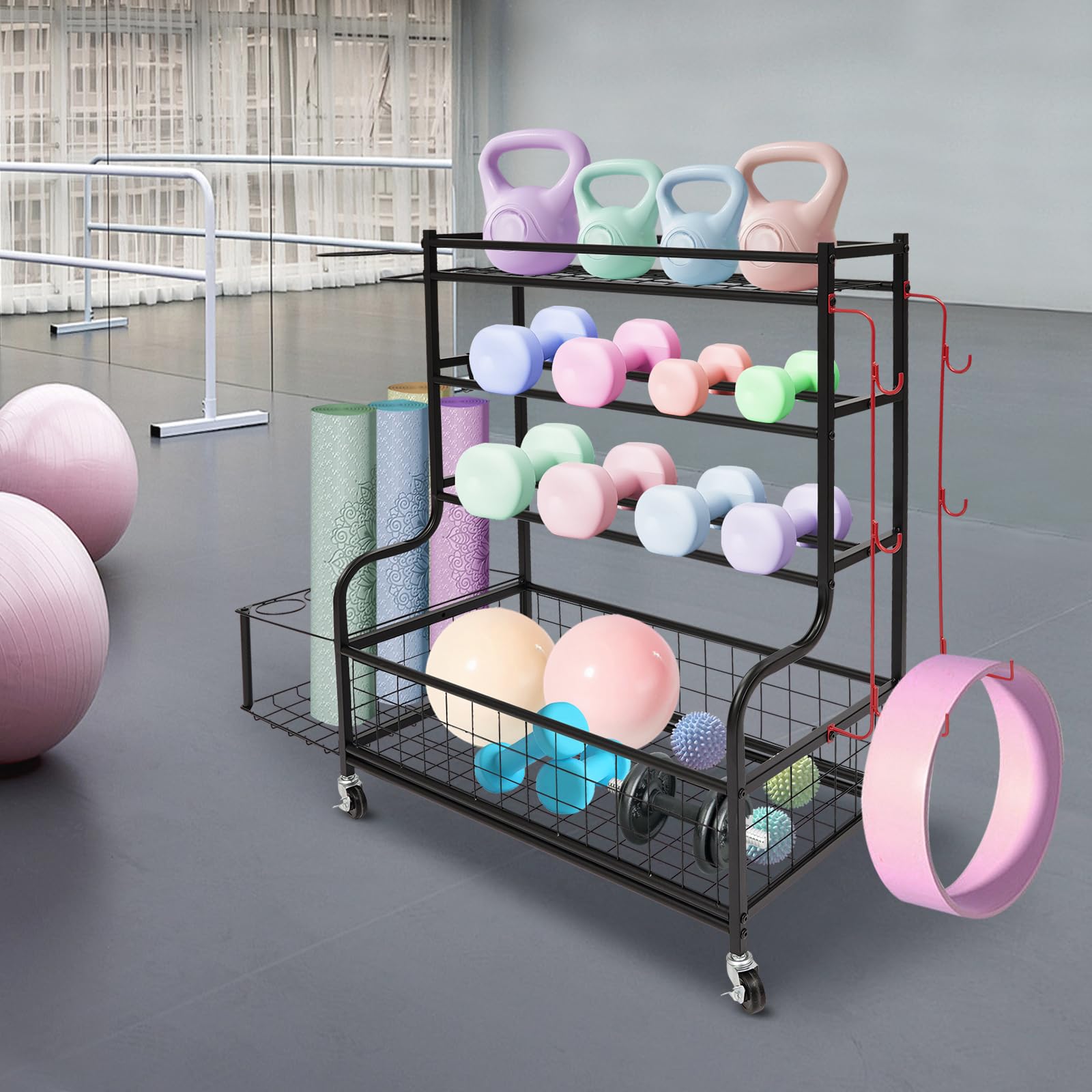 Tappetino da yoga per manubri, scaffale portaoggetti per palestra a casa, 102 x 40 x 93 cm, 4 ripiani, 160 kg, attrezzatura per fitness, supporto per manubri per kettlebell, blocco yoga, rullo in