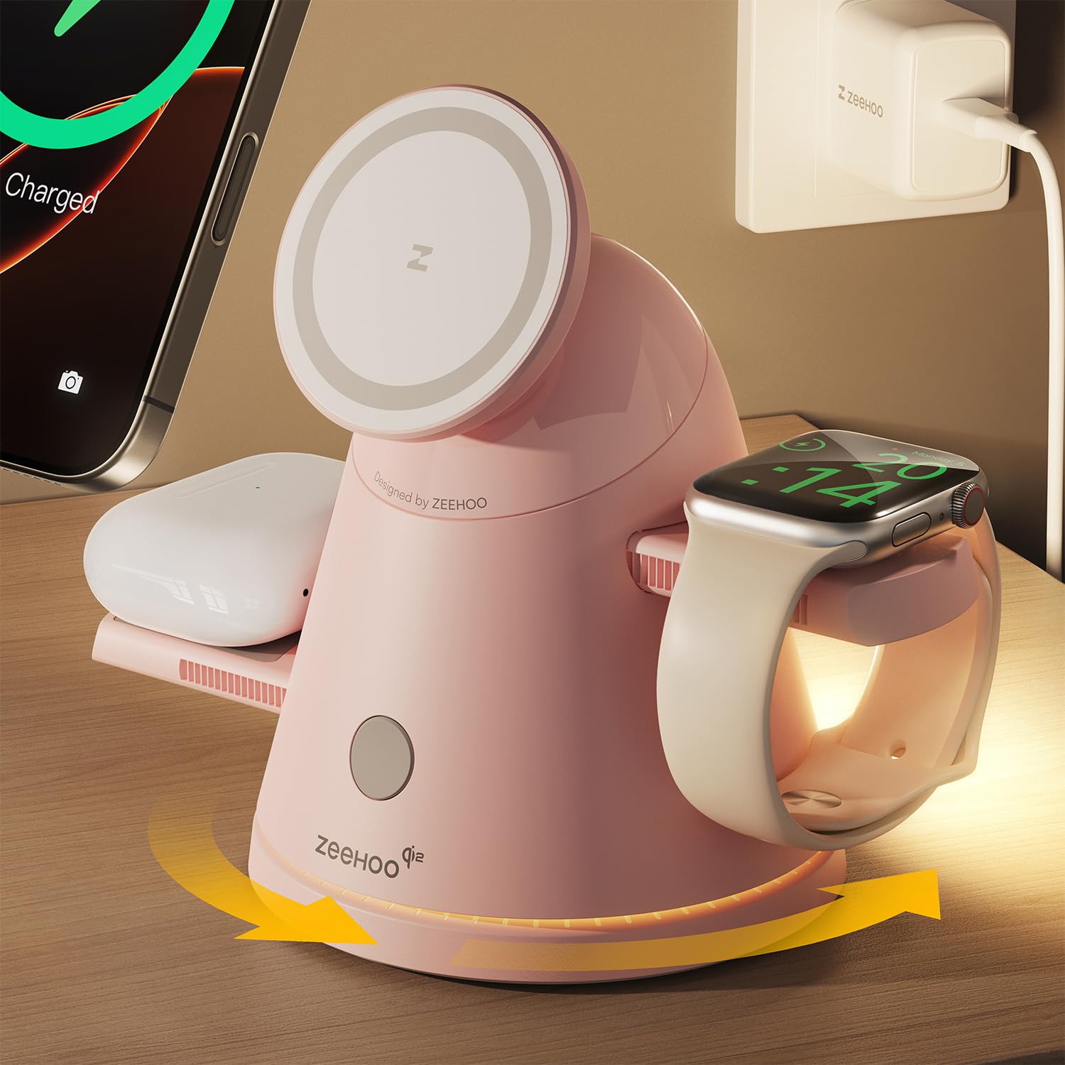 ZEEHOO 3 in 1 Charging Station for Apple Devices Qi2 Mag-Safe Charger Stand Light Fast Wireless Charging Station