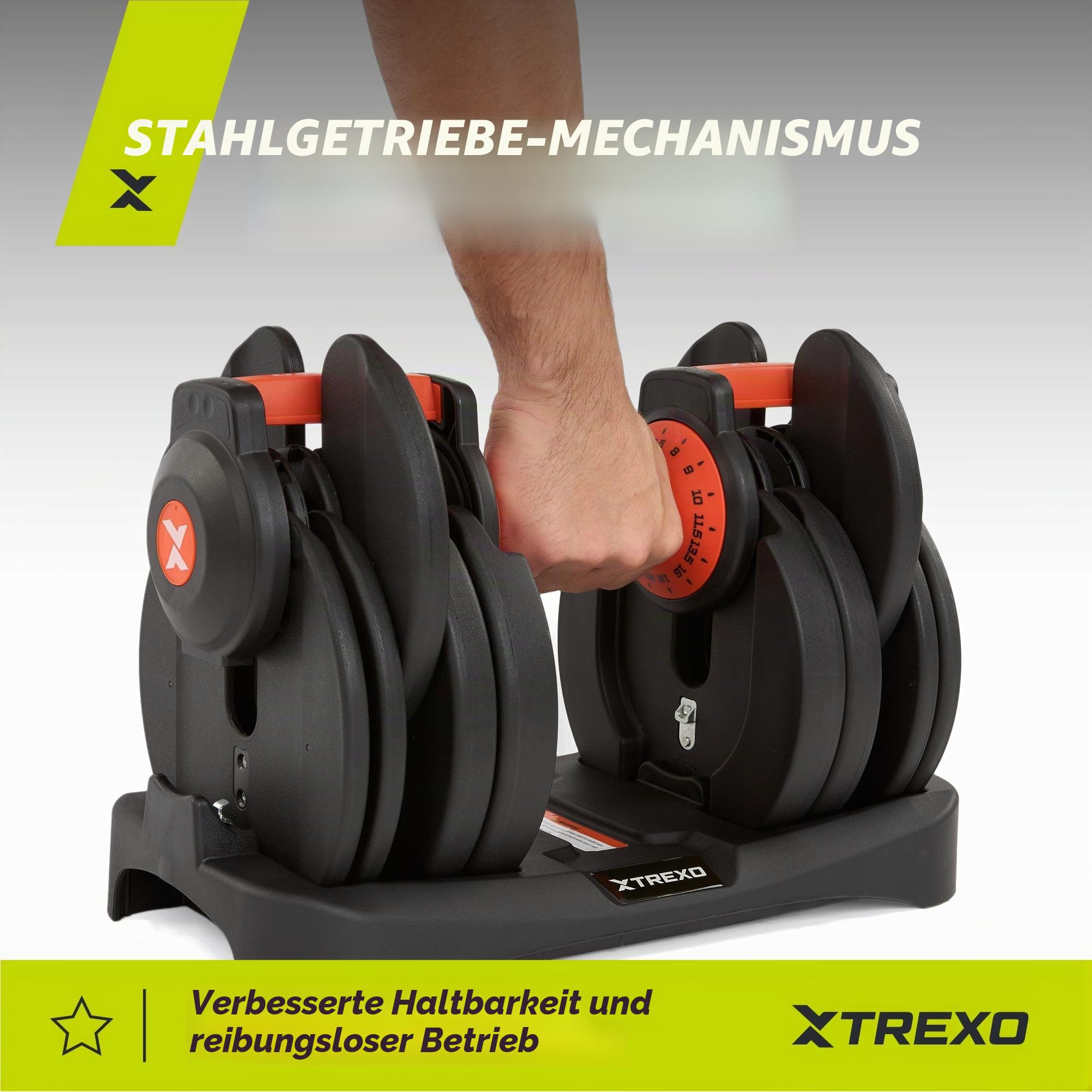 Schnelle Gewichtsanpassung im Griff – Trexo EVO Verstellbare Kurzhantel – Stahlzahnrad & rutschfester Chromgriff – 24 kg Set mit Ablage – für Krafttraining im Home Gym
