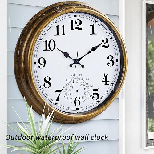 Miniatura 5 de Reloj grande de 16 pulgadas para exteriores, reloj retro impermeable para interiores y exteriores, reloj sin tictac con termómetro, reloj de pared a