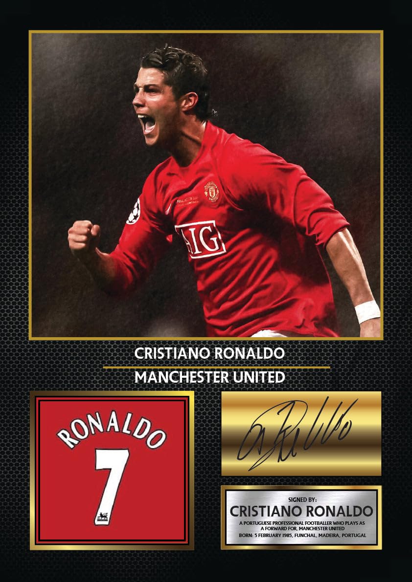 Cristiano Ronaldo Manchester United Signed Poster Print – Football Wall Art – Printed Autograph Soccer Memorabilia – Premier League Fan Gift & Sports Bedroom Decor, A4 Poster + Black Frame