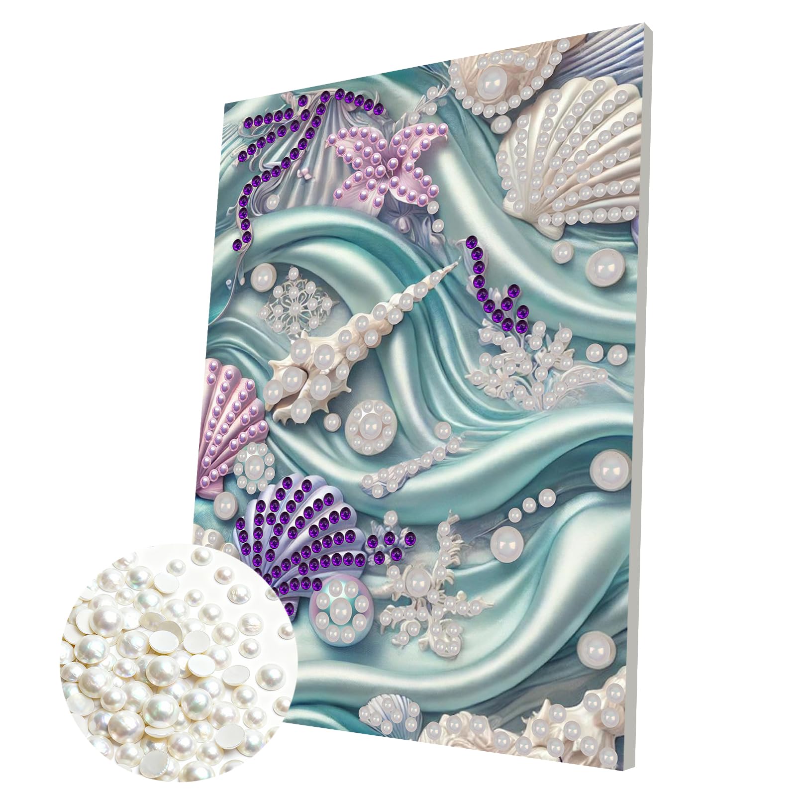 DIY Pearl Painting Kit with Wooden Frame, 3D Plastic Pearl Gemstone Ocean Art Craft for Adults Beginners, Diamond Art Kits for Adults, Home Wall Decor Ready Gift for Women(Shells)(30 * 40cm)