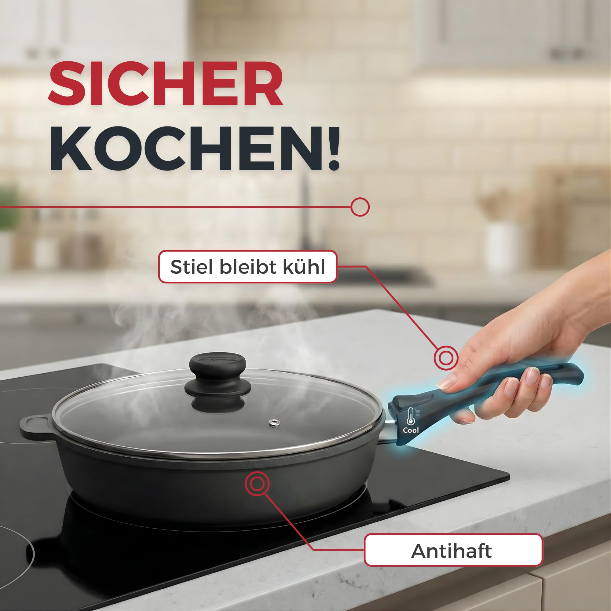 Lieblingspfanne Bratpfanne 24 cm Ø - hoher Rand 7 cm - Für alle Herdarten & Induktion - mit Glasdeckel & 4D Antihaft-Veredelung - für krosses Anbraten & Röstaromen - 100 Tage testen - inkl. E-Book