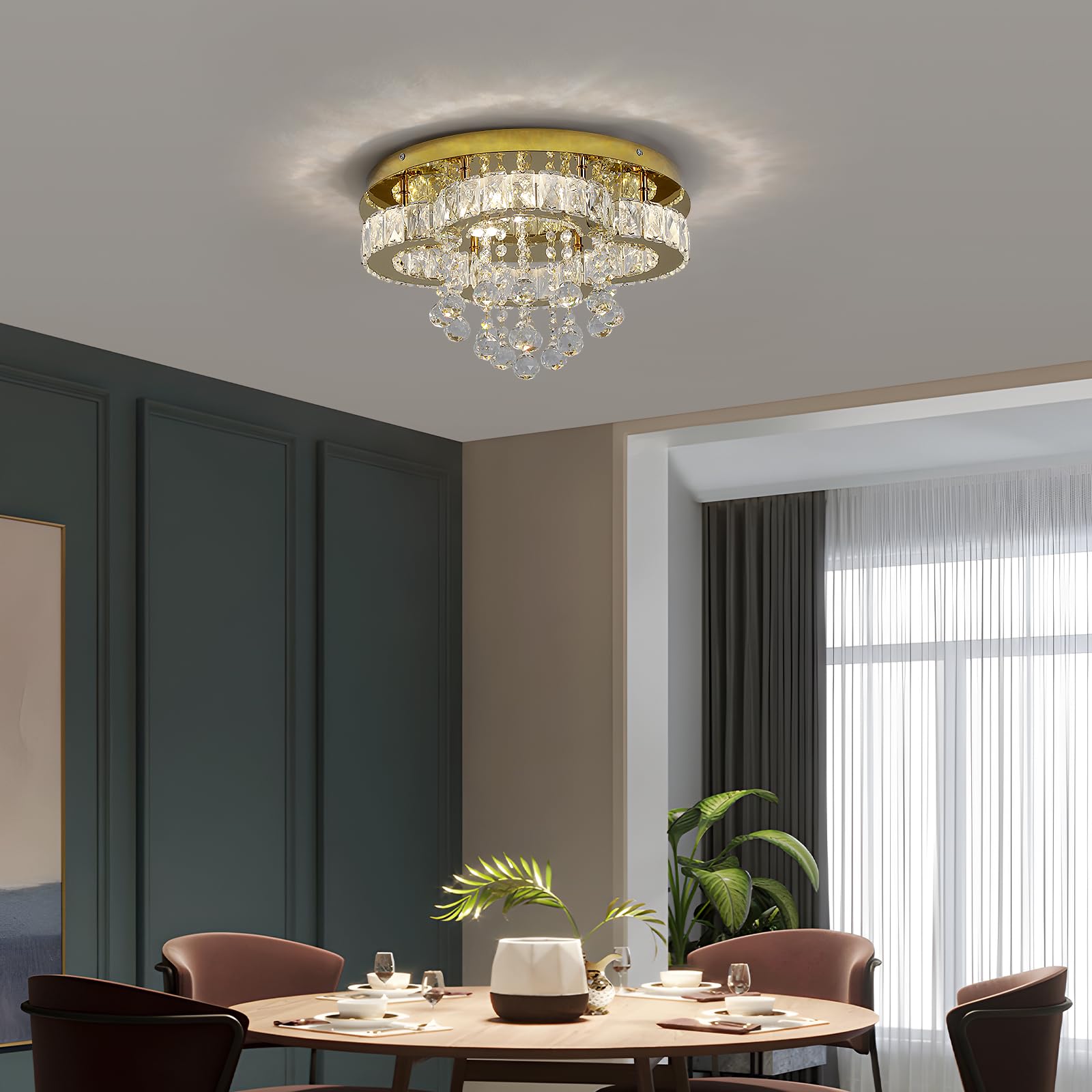GreeLustr Moderne Kristall Kronleuchter für Wohnzimmer, Variables Licht Deckenleuchte Kristalle mit Elegantem Design für Schlafzimmer Flur Küche, Golden Deckenlampe Kristall für Decke (40cm)