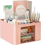COMFYROOM Modern Pink Plastic Desktop Organizer with 2 Drawers & 4 Sections for Home, Office, School - Desk Drawer Organizer