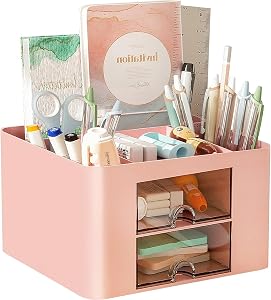 COMFYROOM Modern Pink Plastic Desktop Organizer with 2 Drawers & 4 Sections for Home, Office, School - Desk Drawer Organizer