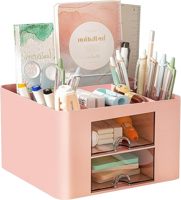 COMFYROOM Modern Pink Plastic Desktop Organizer with 2 Drawers & 4 Sections for Home, Office, School - Desk Drawer Organizer
