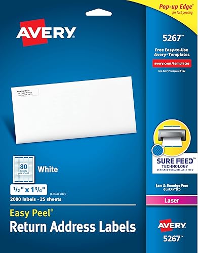 Avery Etiquetas de dirección postal, impresoras láser, 2,000 etiquetas, 12x1-34, adhesivo permanente, fácil de despegar, 5 paquetes (5267)
