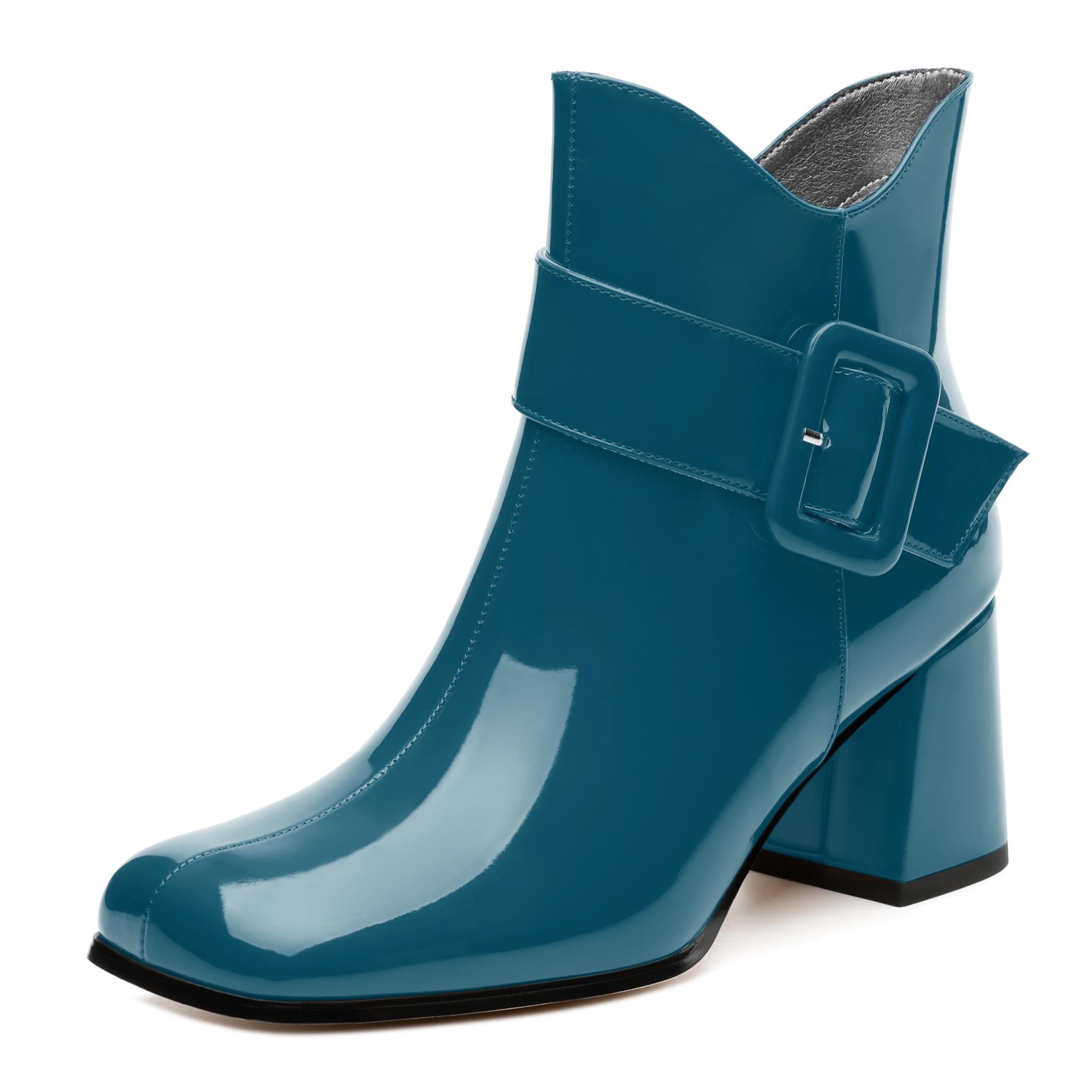 Womens Mid Heel Ankle Boots Square Toe Chunky Heel Short Boots Fashion Side Zipper Solid Patent Booties Comfortable