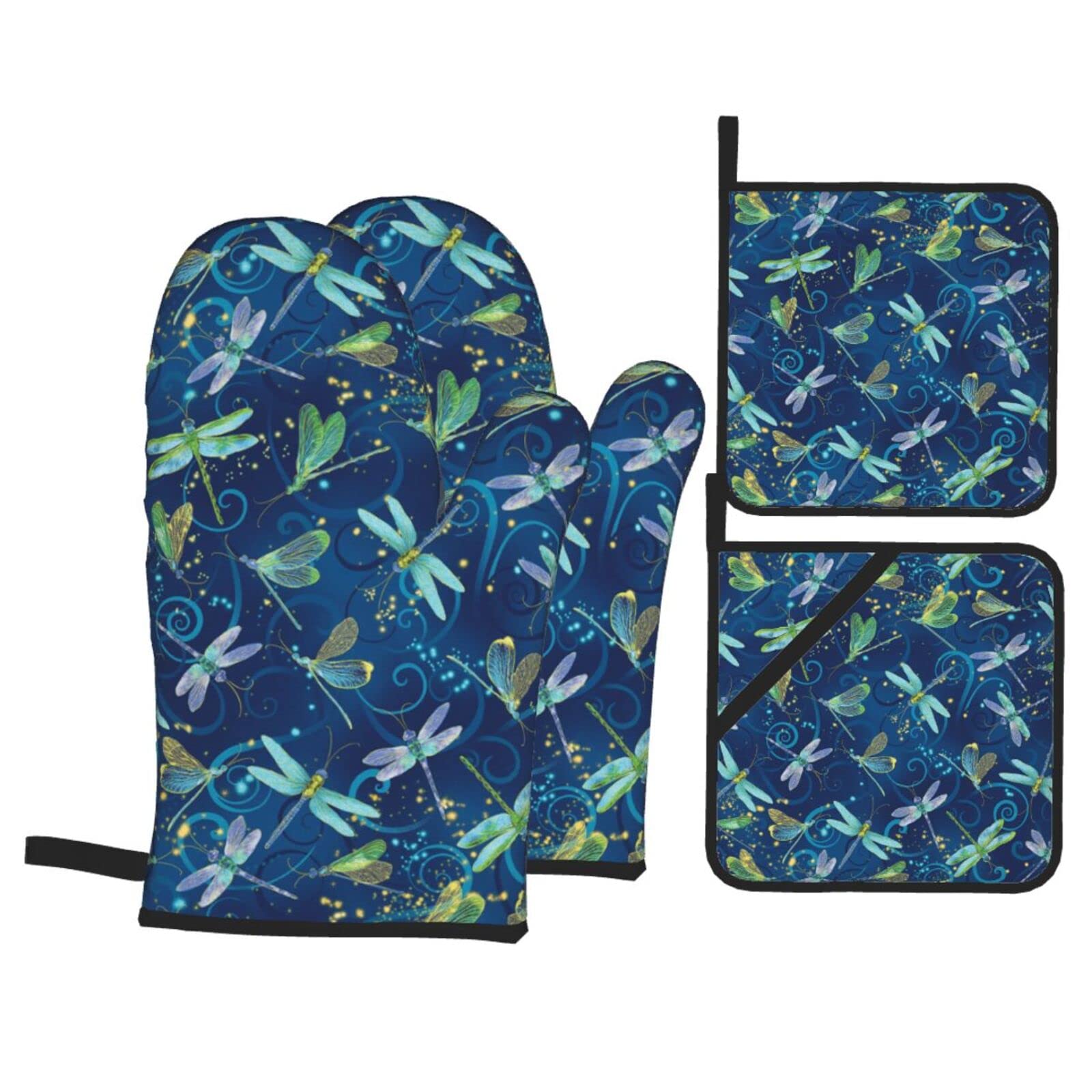 Blue Dragonfly Print Kitchen Baking Four Piece Set of Heat Resistant Thick Cotton Oven Mitts for Cooking, Baking and Grilling