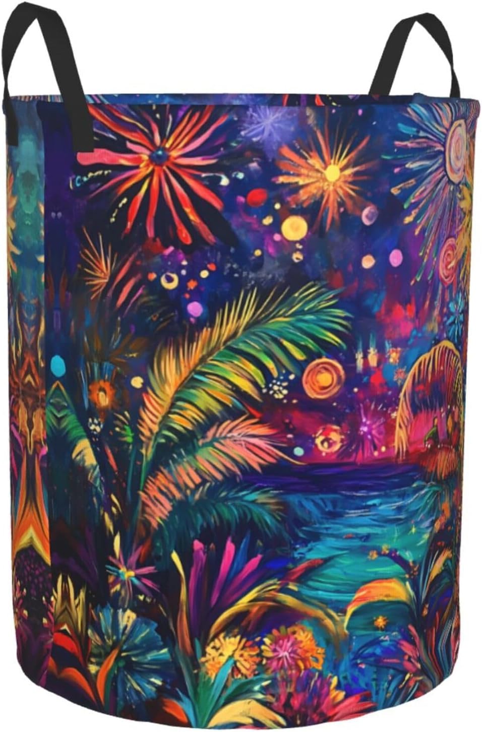 Colorful fireworks Round Single-layer Laundry Basket, Portable Storage Laundry Basket, Bedroom Clothes Storage Basket with Handle