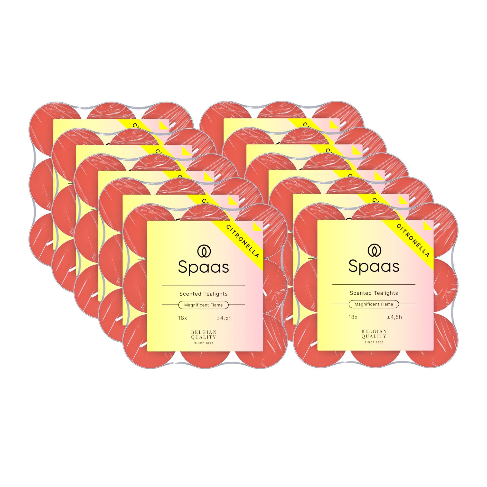 Spaas 10 Flachpackungen mit 18 Citronella-Teelichtern, ± 4,5 Stunden, Lebendiges Rot
