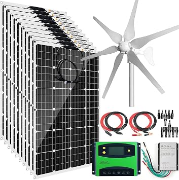 Solar Wind Hybrid System Kit 400W 6-Blade Wind Turbine Generator with Charge Controller,120W Flexible Monocrystalline Solar Panel 12V, 10PCS Solar Panels+400W Wind Turbine Kit