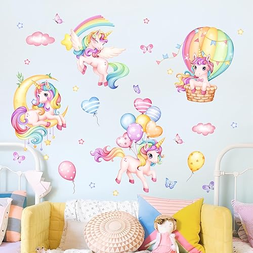 Miniatura 3 de Calcomanías de pared de unicornio arco iris, globo aerostático, luna, nubes, estrellas, calcomanías de pared para habitación de bebé, habitación de