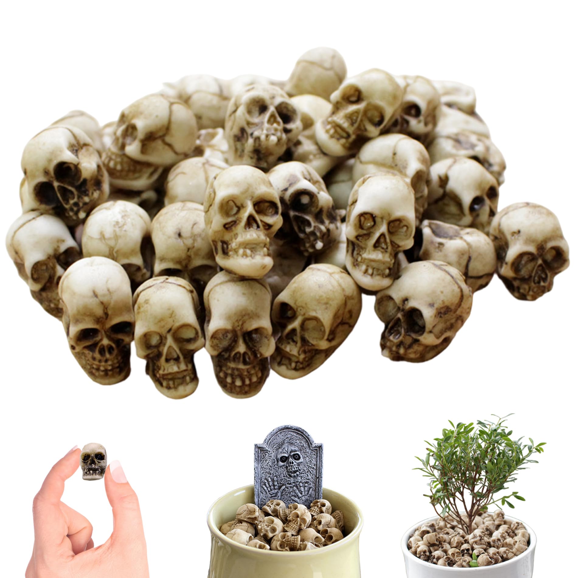Ameble 40Pcs Mini Skulls Realistic Resin Skull Scary Skeleton Head Halloween Miniatures For Micro Landscape Figure Scary Haunted Dollhouse Accessories Halloween