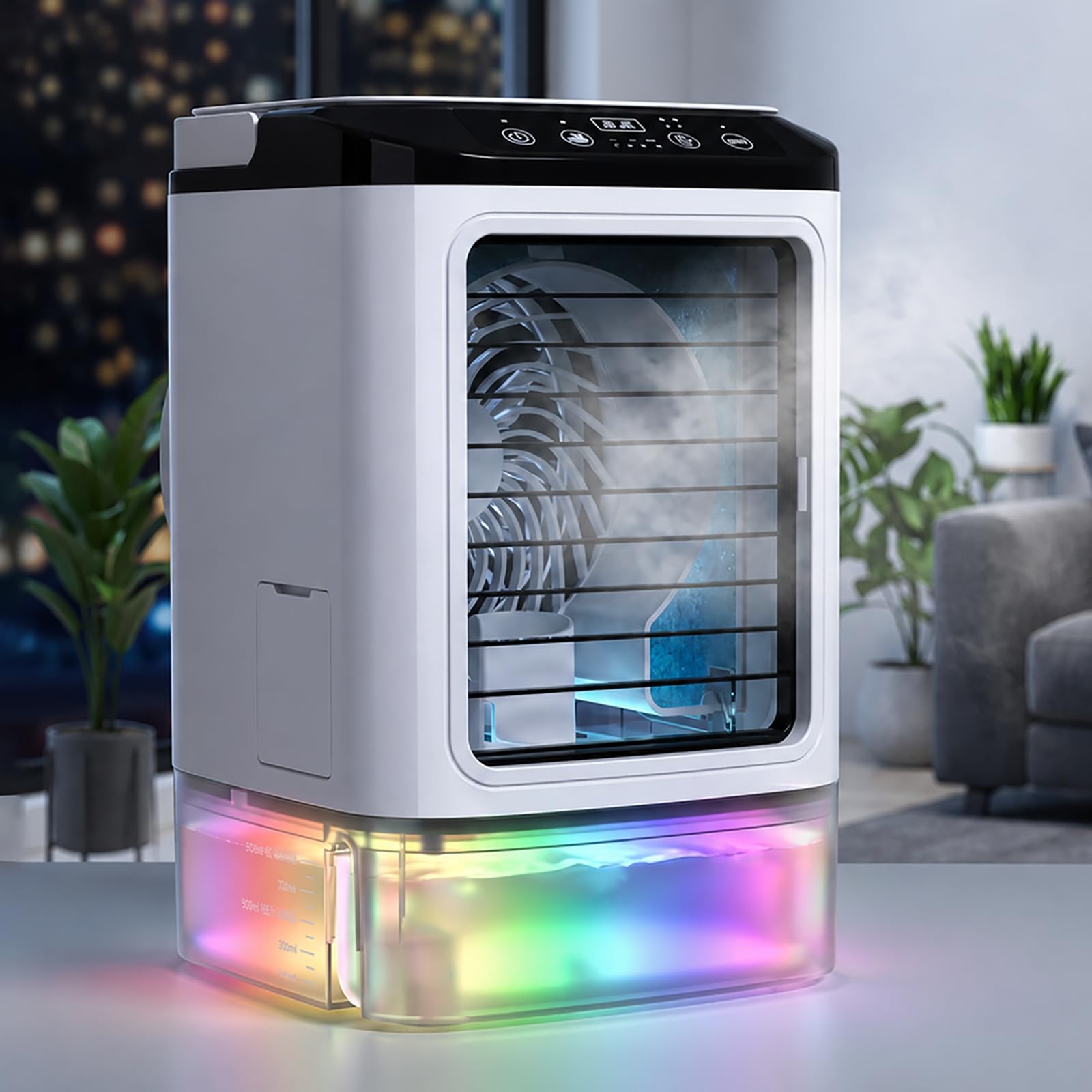 Ventilatore a conditore d'aria, 4-in-1 Eative Air Cooler con scatola di ghiaccio, serbatoio dell'acqua 900ml, 3 velocità e modalità di spinta, luce a 7 colori, per camera da letto, ufficio, scrivania,