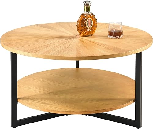 Miniatura 11 de LEEMTORIG KFZ-1338 - Mesa de centro redonda redonda para sala de estar, mesa de centro redonda de madera maciza de granja con almacenamiento, mesa