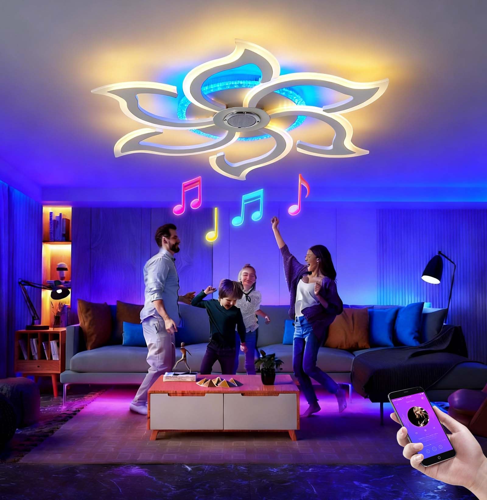 RGB Lampa Sufitowa Sterowana Pomocą Pilota I APP Posiada Funkcję ściemnianiaTryb Pamięci Funkcję Timera Głośnik DzięKi Czemu Idealnie Nadaje Się Sypialni PokojóW Dziecięcych Salonów,Biały