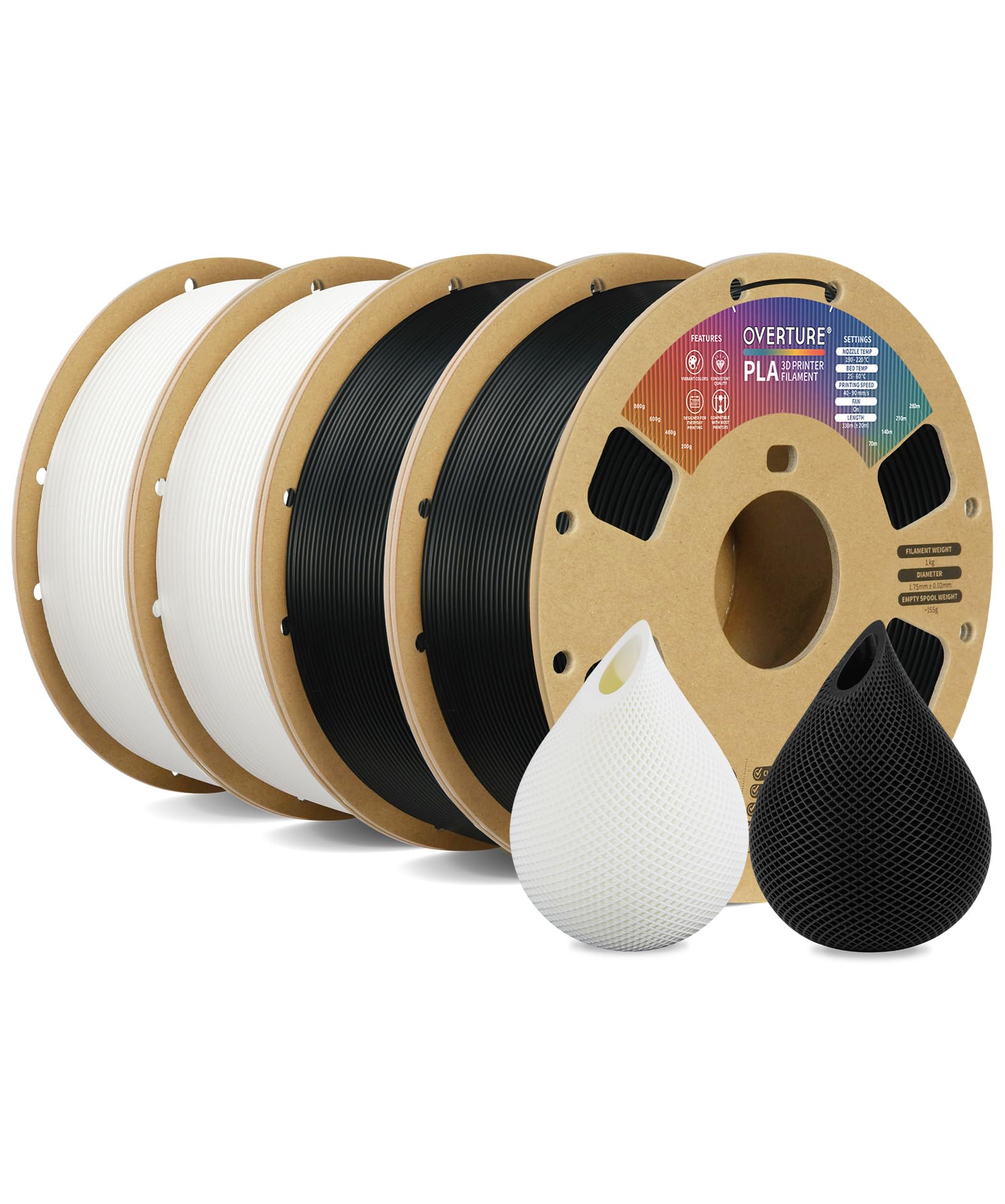 OVERTURE Filamento PLA 1.75mm, 4kg Bobina(8.8lbs), Precisione Dimensionale +/- 0.02 mm, per Stampante 3D (Nero 1kg*2+Bianco 1kg*2)