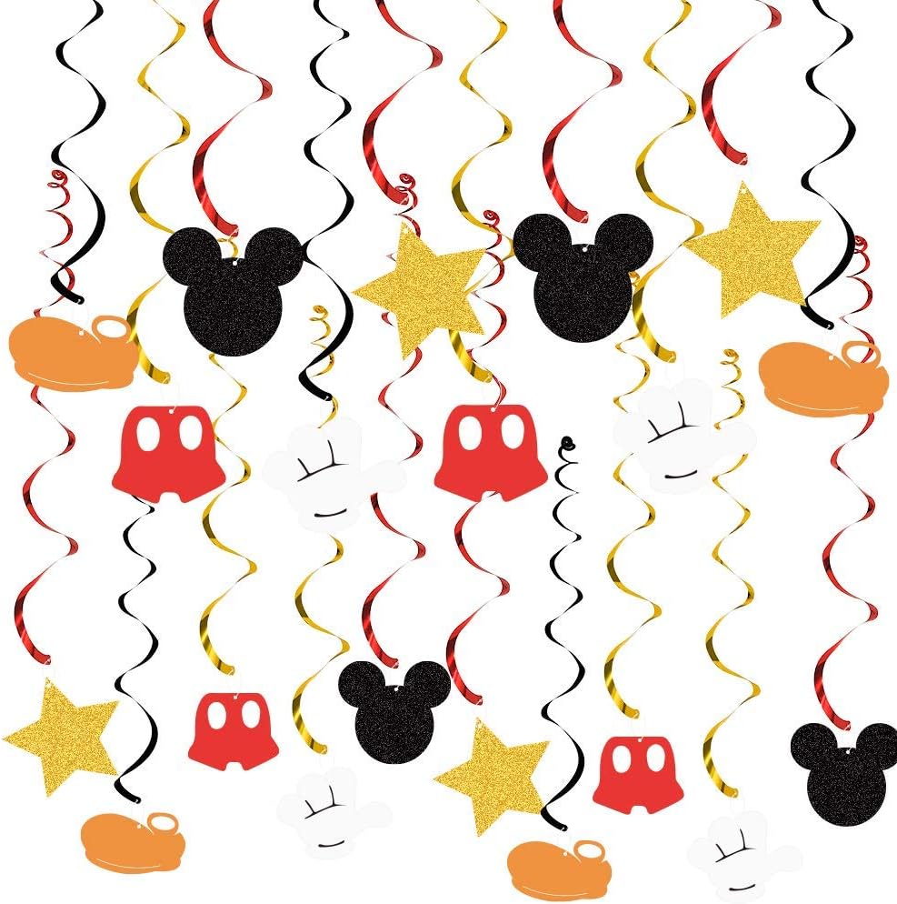 30pcs Mickey Mouse Birthday Hanging Swirl Decorations, Ceiling Streamers Mini Mouse Birthday Party Supplies, Hanging Swirls Party Favors for Kids Boys Glitter Gold, Red and Black Decor