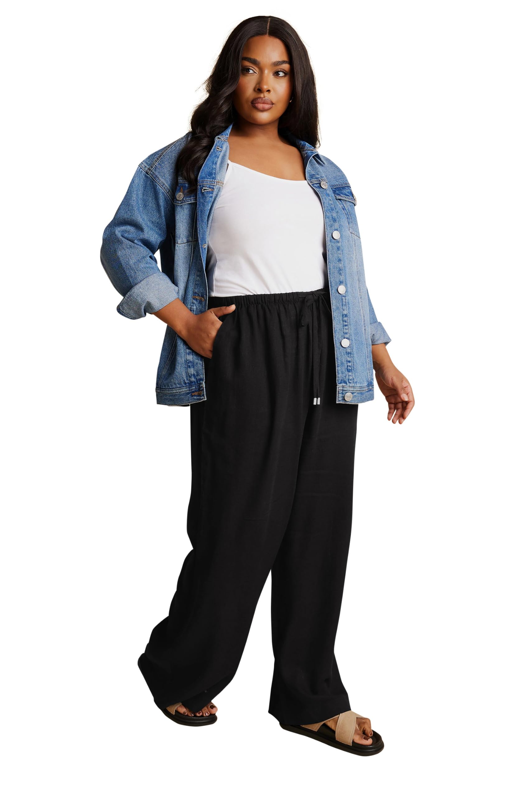 Yours Curve Wide Leg Linen Trousers - Women's - Plus Size Curve