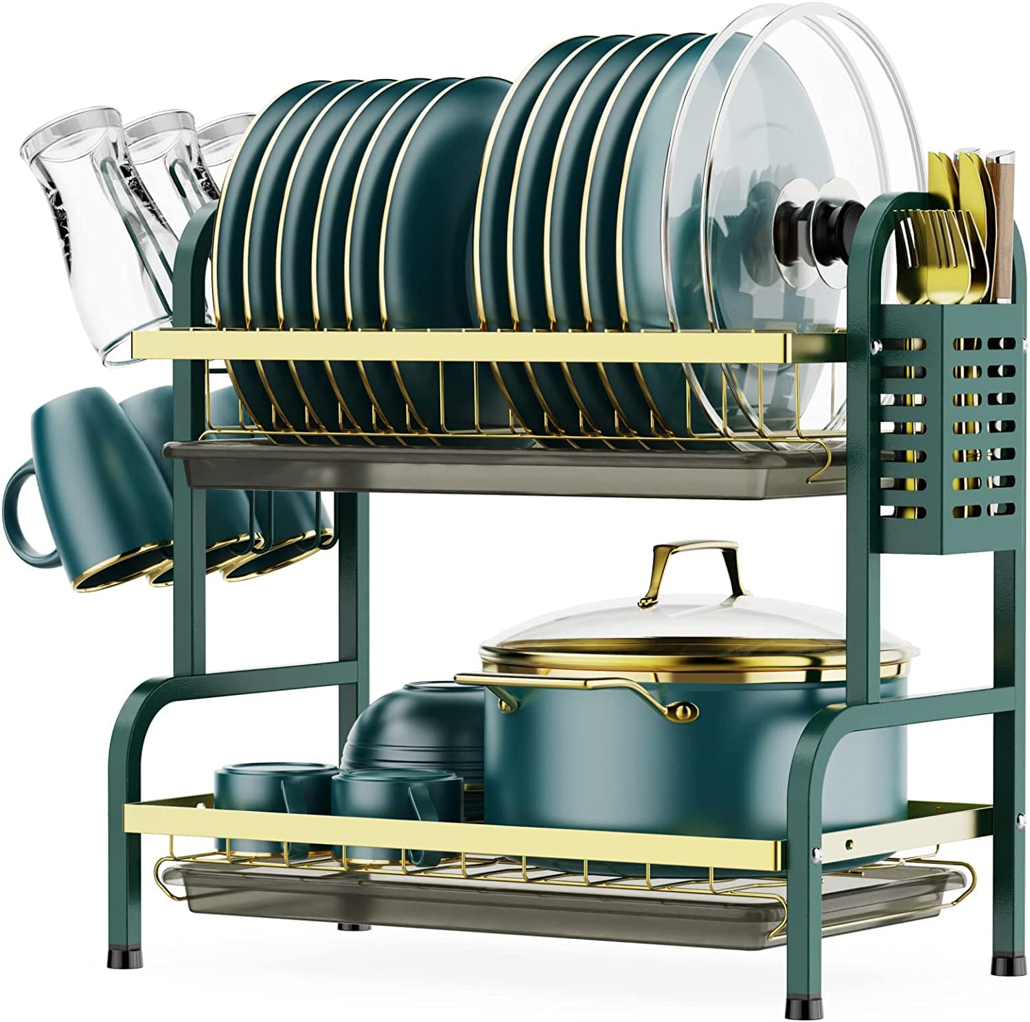 GLJTUO Stainless Steel 2 Tier Dish Drying Rack with Drainboard and Utensil Holder Space Saving Dish Drainer for Kitchen Counter Cup Holder Green Gold